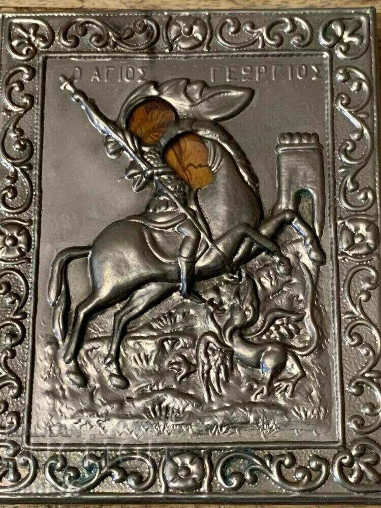 Ancient Greek silver-plated icon - St. George