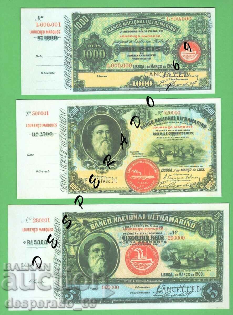 (¯` '• .¸ (reproduction) MOZAMBIQUE 1909 UNC -3 banknotes •' ´¯)
