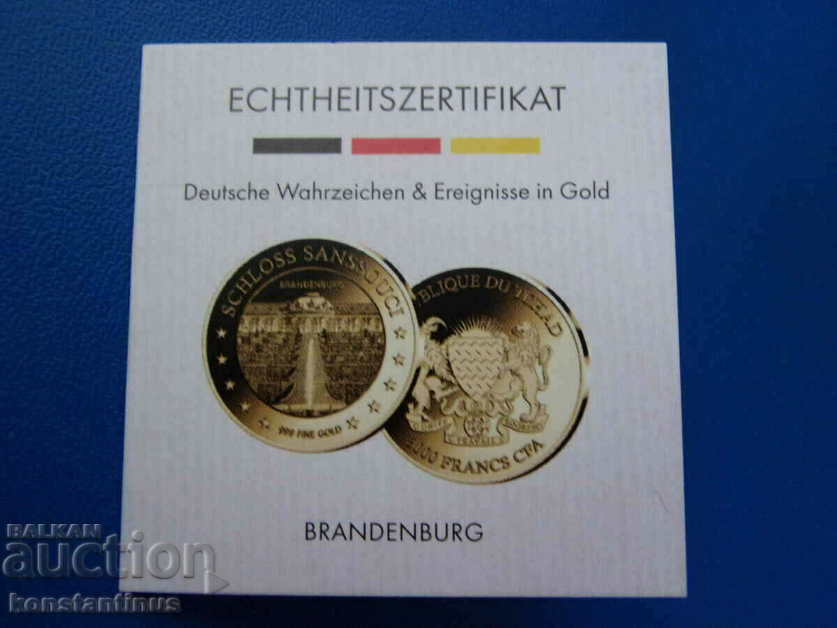 Чад-3000 франка-златна-999 проба-сертификат .БЗЦ - 5