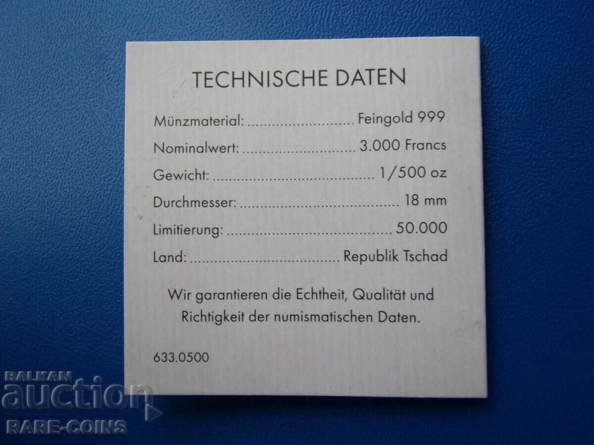 Ciad-3000 franc-aur-999 eșantion-certificat UNC PROOF Rar - 6