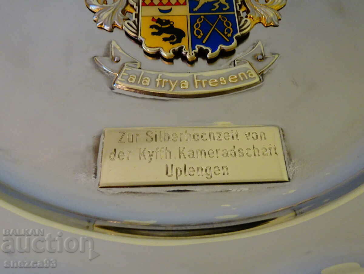 Auction Silver-plated plateau with gilded coat of arms, markings. Auction Silver-plated plateau with gilded coat of arms, markings.