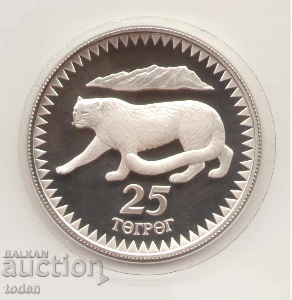 Mongolia-25 Tögrög-1987-KM# 50-WWF-Snow Leopard-Silver-Proof