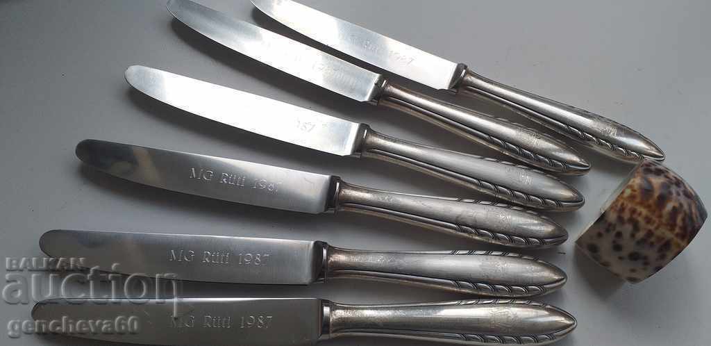 Knife set 1987 silver-plated handles 87/engraved, initials