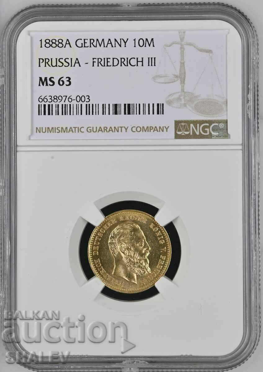 10 marci 1888 Prusia/Germania - NGC MS63 (aur)
