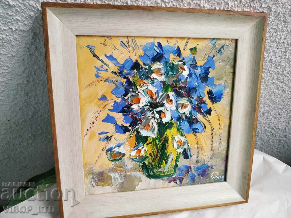 painter! BLUE FLOWERS oil canvas signature frame