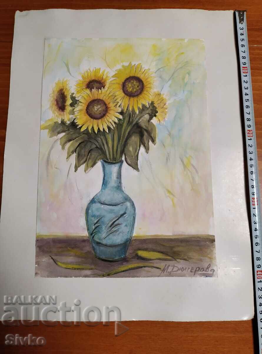 Pictura acuarela floarea soarelui semnata M. Dyulgerova