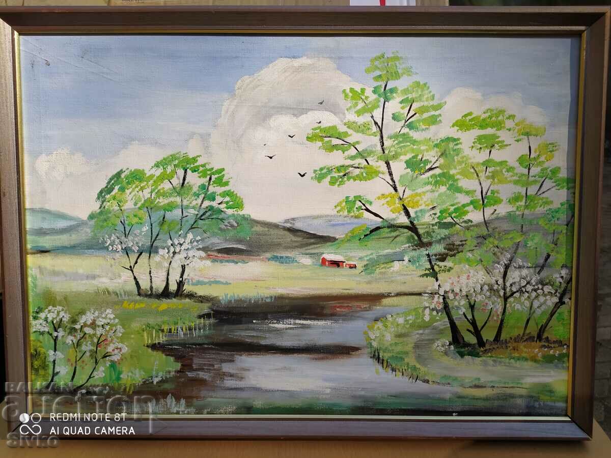 Oil painting landscape river house