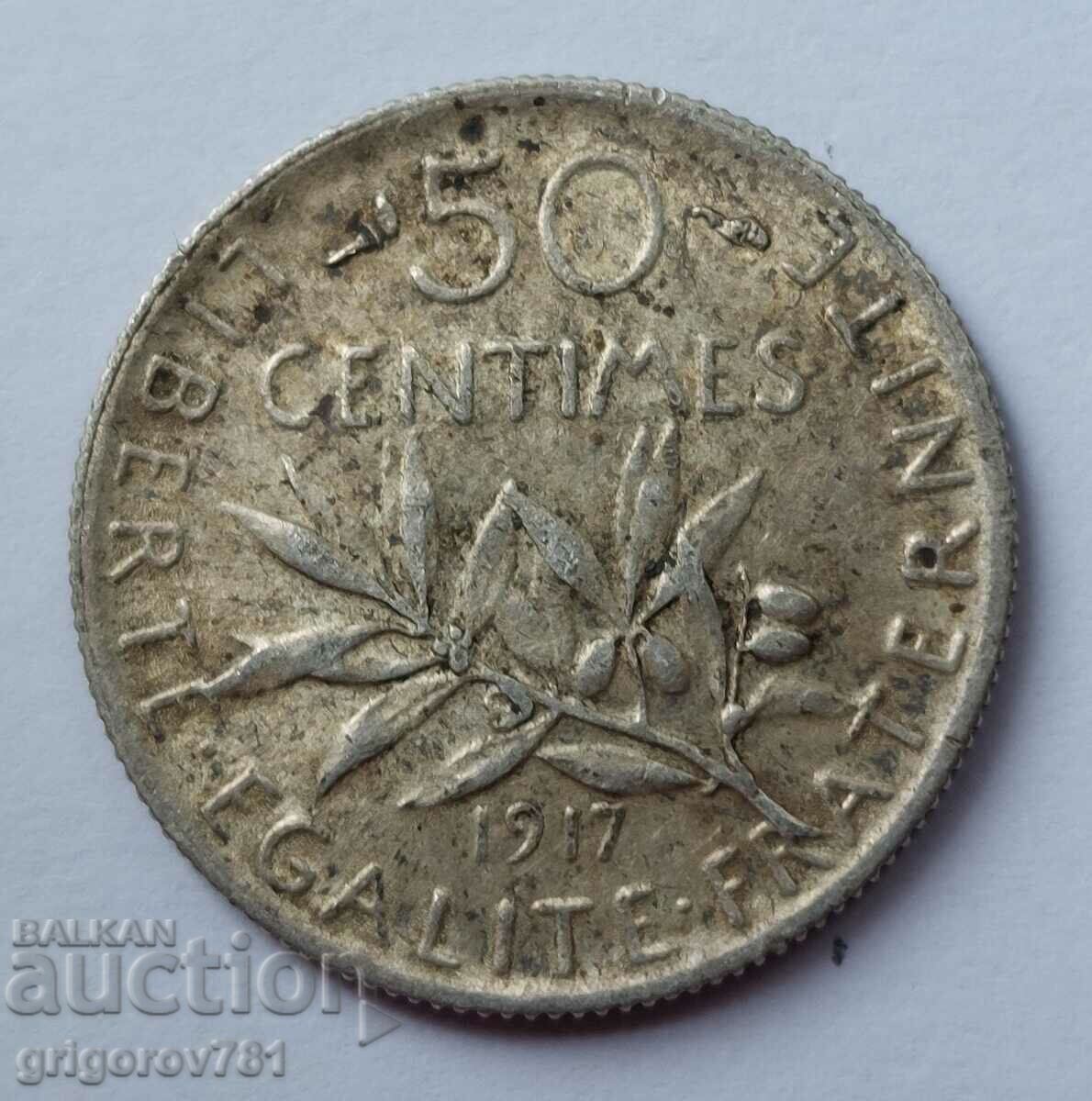 50 сантима сребро Франция 1917 -  сребърна монета №35