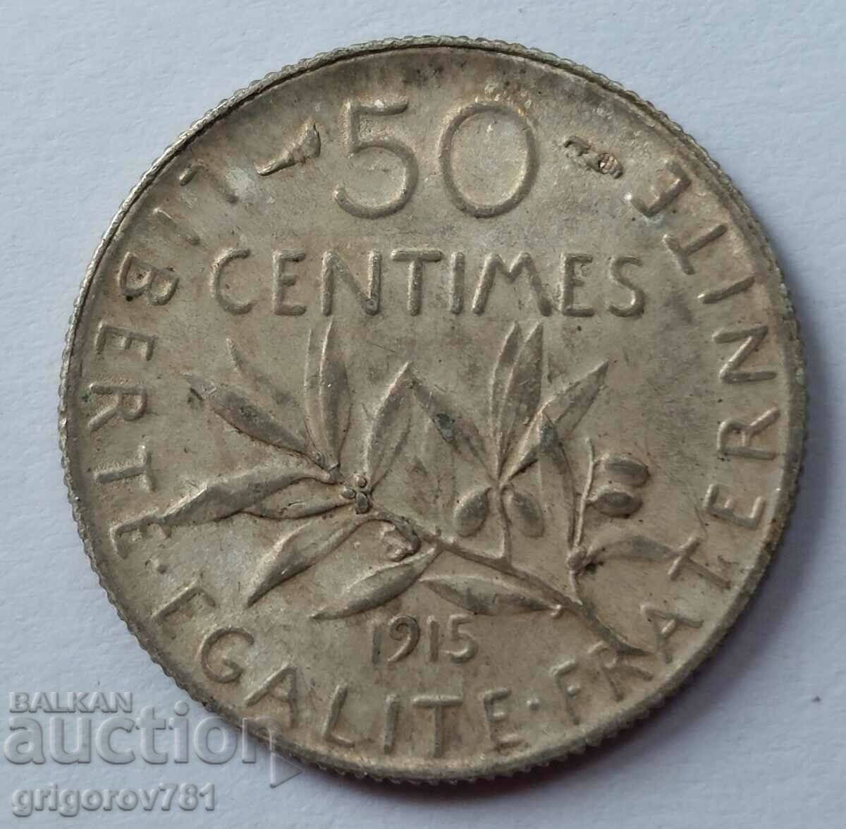 50 centimes silver France 1915 - silver coin №60