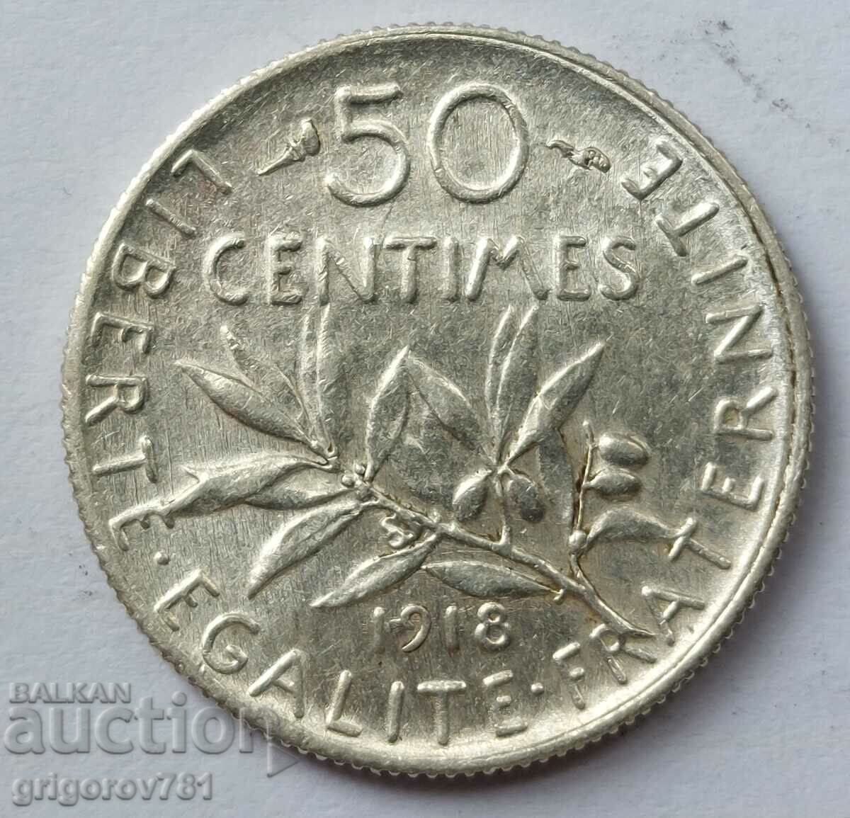 50 сантима сребро Франция 1918 -  сребърна монета №64