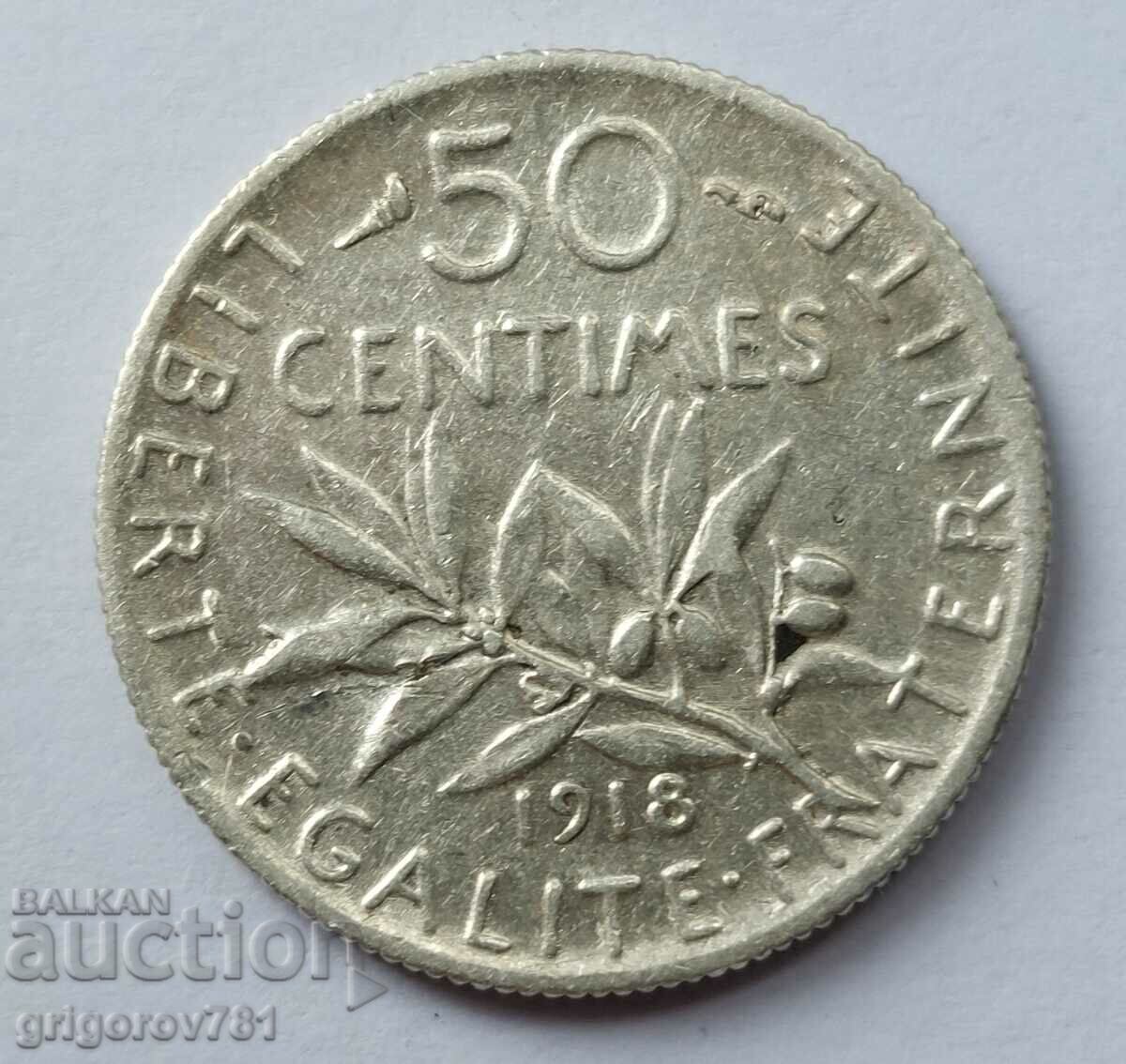 50 centimes silver France 1918 - silver coin №65