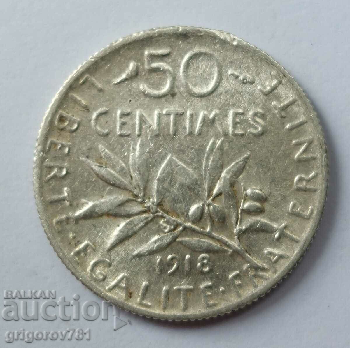 50 centimes silver France 1918 - silver coin №66