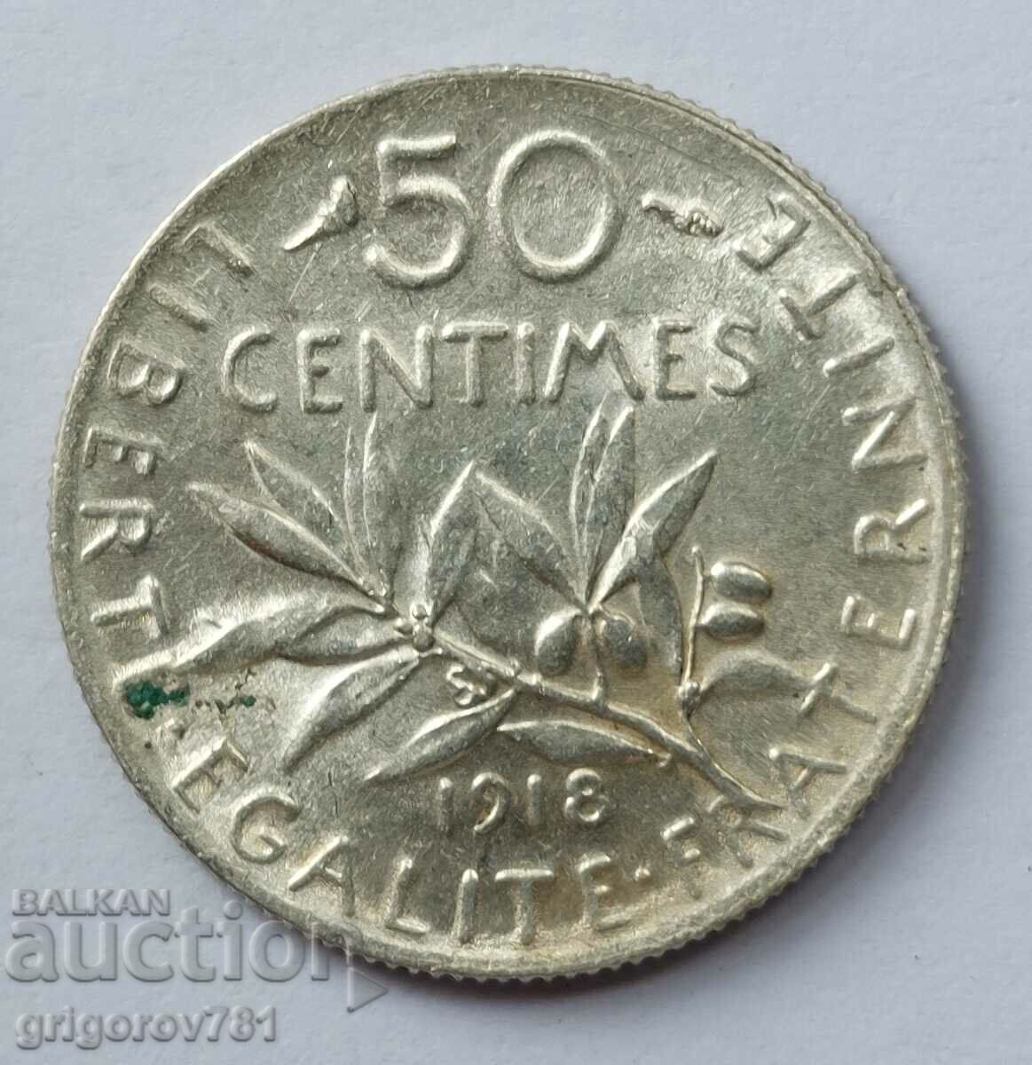 50 сантима сребро Франция 1918 -  сребърна монета №67