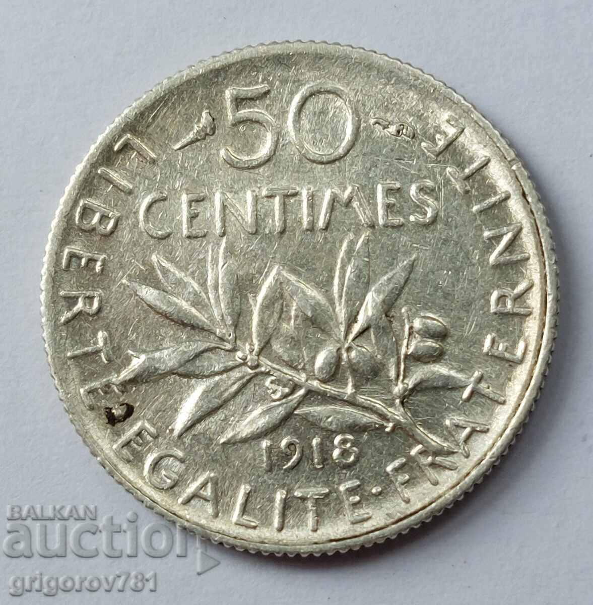 50 сантима сребро Франция 1918 -  сребърна монета №68