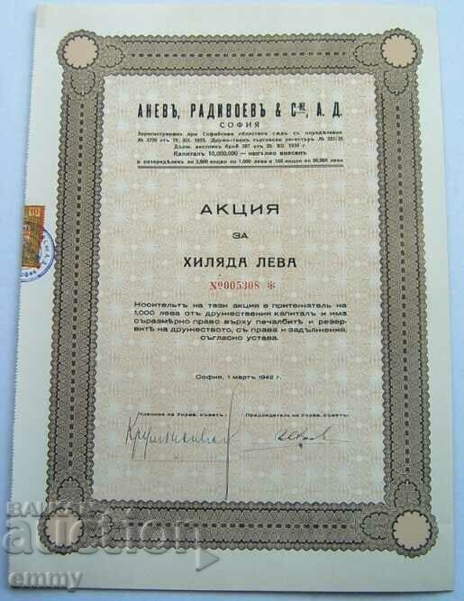 Share BGN 1,000 Anev, Radivoev & Co. AD Sofia 1942