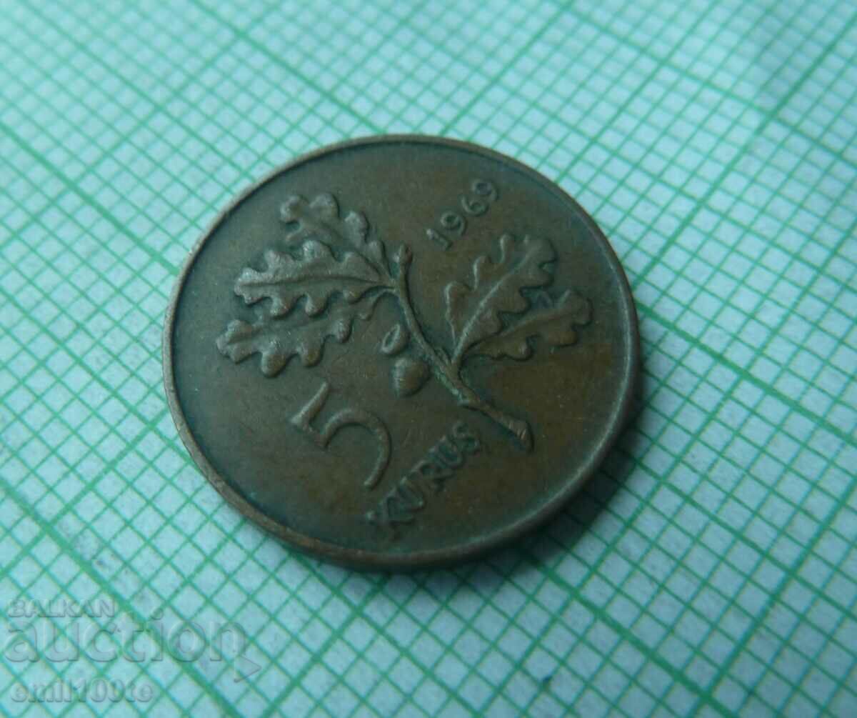 5 kurush 1969 Turkey with price 1.00 BGN | € 0.51
