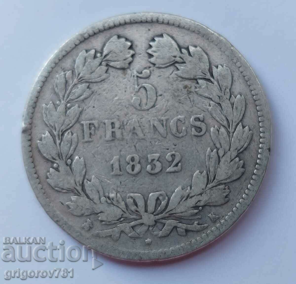 5 franci argint Franța 1832 Moneda de argint Ludovic Filip # 1