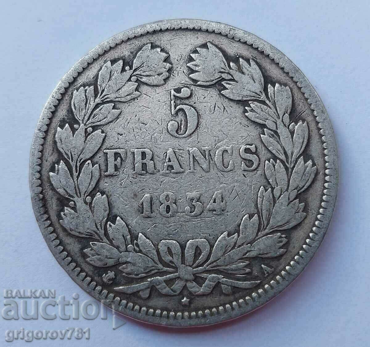 5 franci argint Franța 1834 O monedă de argint Ludovic Filip nr. 4