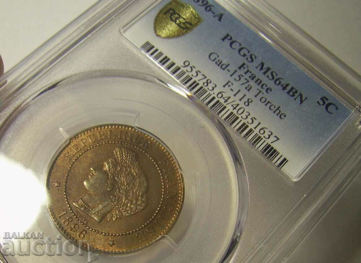 2150 BGN !! RRR !! TORCH France 5 centimes 1896 MS64BN - 5 2150 BGN !! RRR !! TORCH France 5 centimes 1896 MS64BN - 5
