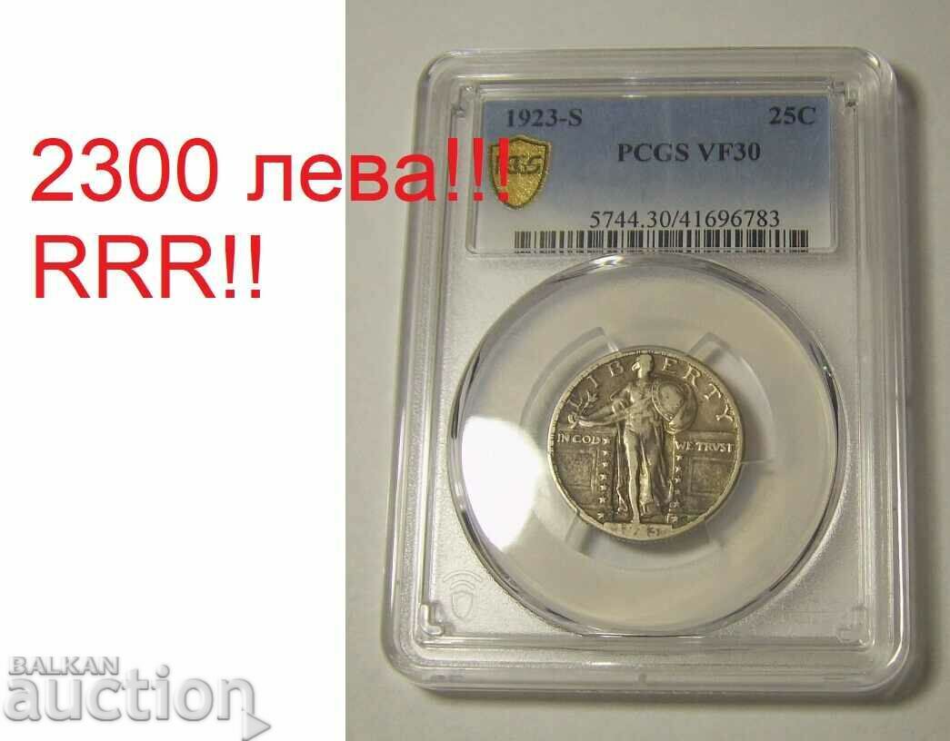2300 лв!! RRR! USA 25 cent 1923-S VF30 PCGS