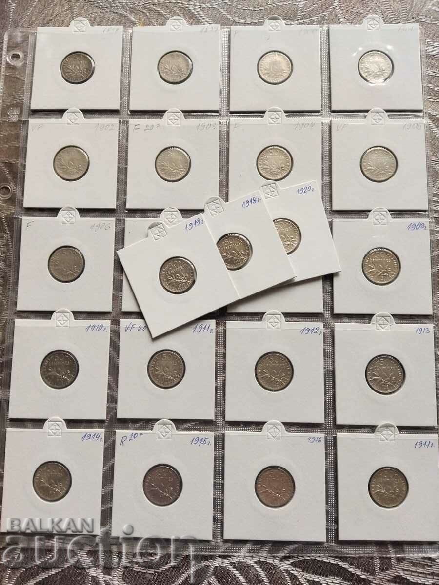 Всички монети 50 сантима от 1898г до 1920г