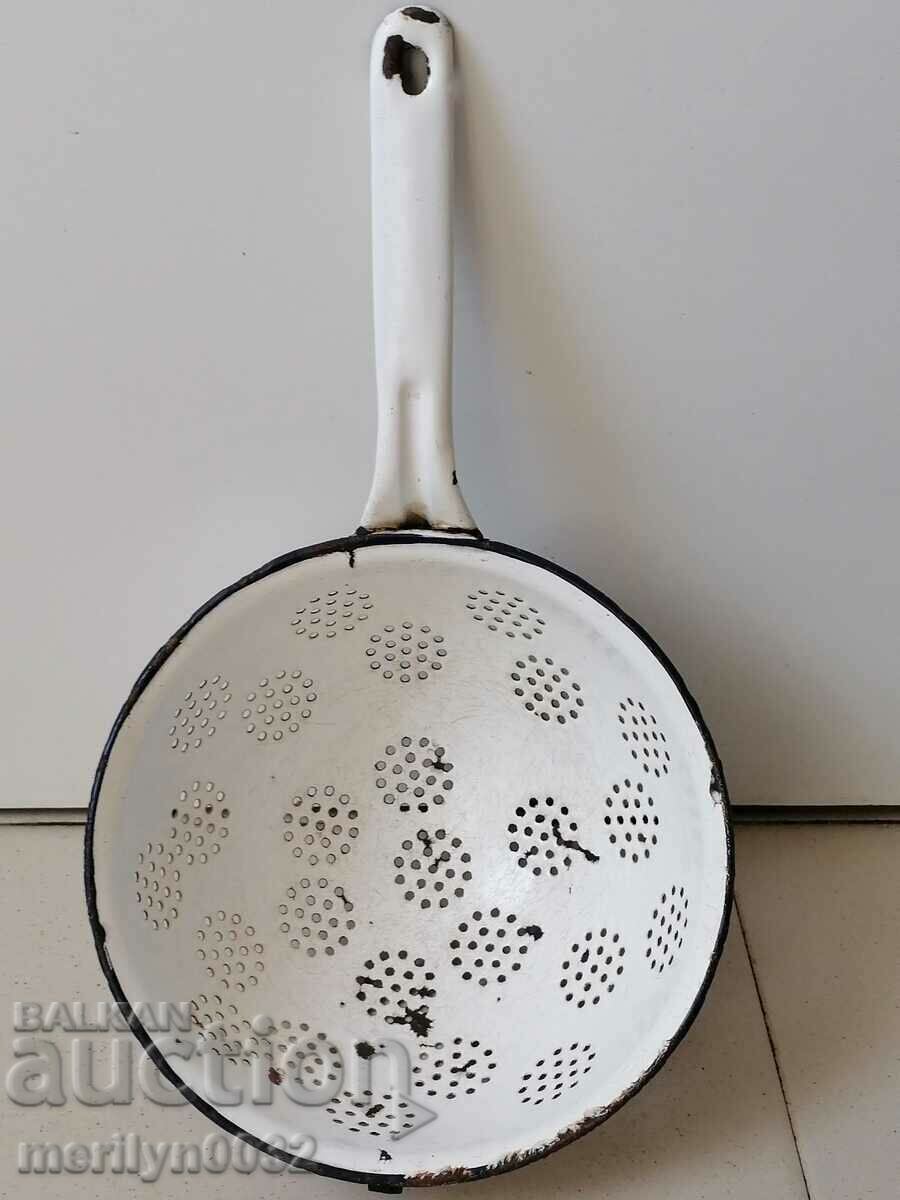 Old enameled colander, court with enamel injured by the People's Republic of Bulgaria with price 34.00 BGN | € 17.38 Old enameled colander, court with enamel injured by the People's Republic of Bulgaria with price 34.00 BGN | € 17.38