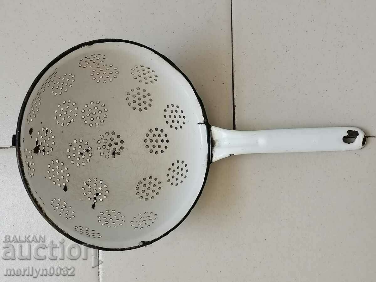 Old enameled colander, court with enamel injured by the People's Republic of Bulgaria - 5 Old enameled colander, court with enamel injured by the People's Republic of Bulgaria - 5