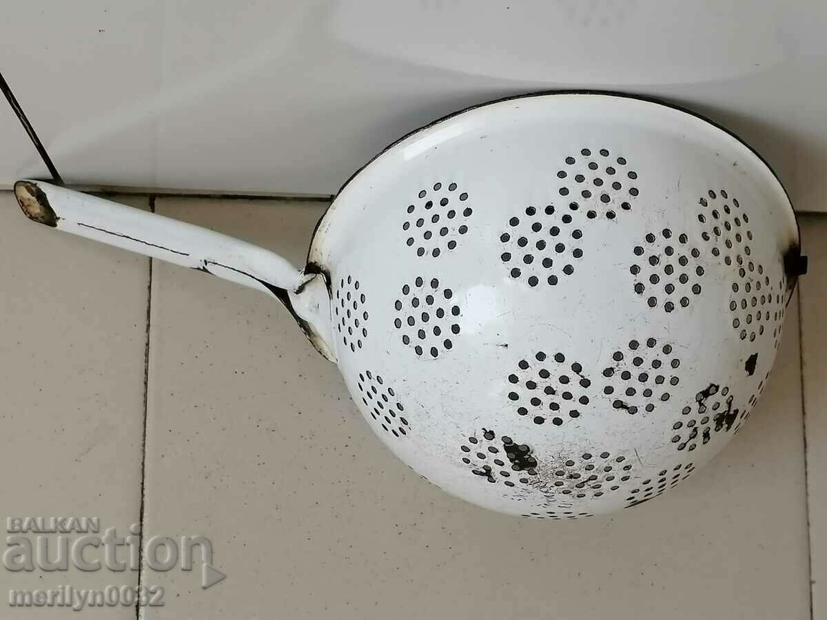 Old enameled colander, court with enamel injured by the People's Republic of Bulgaria - 6 Old enameled colander, court with enamel injured by the People's Republic of Bulgaria - 6