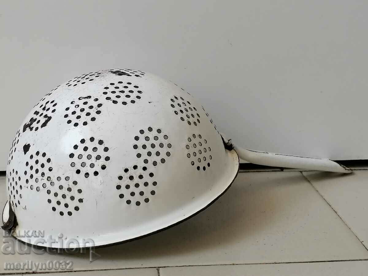 Old enameled colander, court with enamel injured by the People's Republic of Bulgaria - 7 Old enameled colander, court with enamel injured by the People's Republic of Bulgaria - 7