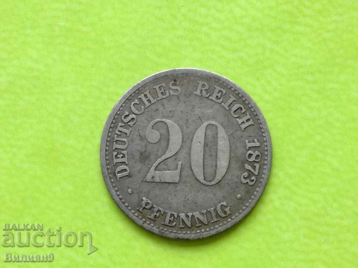 20 pfennigs '' D '' 1873 Germania Argint