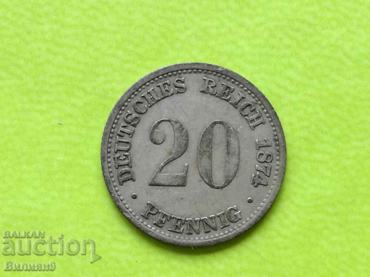 20 pfennigs '' D '' 1874 Germania Argint
