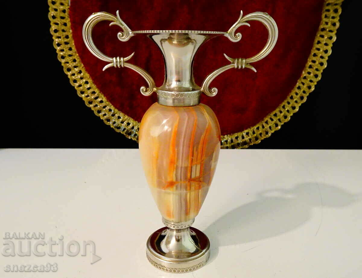 Silver-plated vase, amphora, onyx.