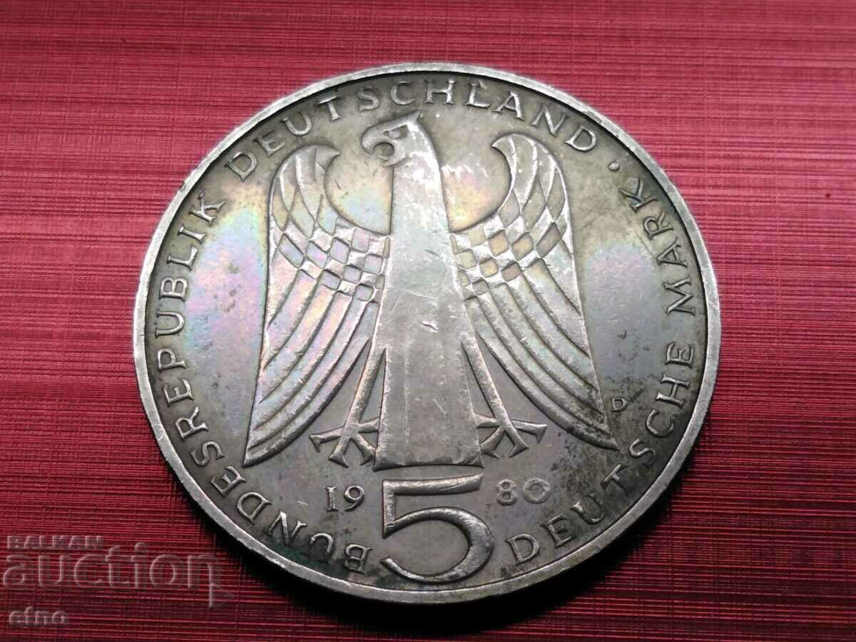 GERMANY 5 MARK 1980, WALTER von der Vogelwakde, coin with price 15.00 BGN | € 7.67 GERMANY 5 MARK 1980, WALTER von der Vogelwakde, coin with price 15.00 BGN | € 7.67