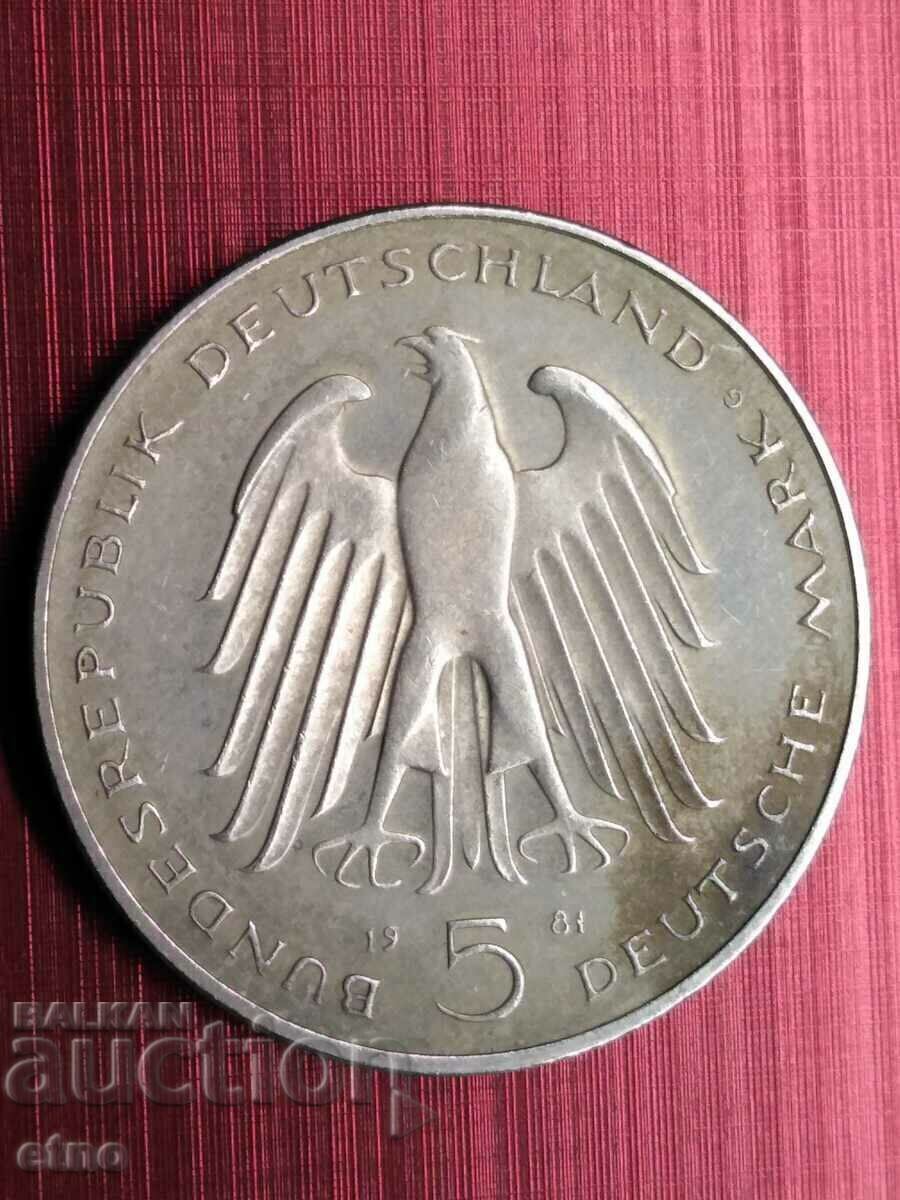 GERMANY 5 MARK 1981, coin, coins with price 12.00 BGN | € 6.14 GERMANY 5 MARK 1981, coin, coins with price 12.00 BGN | € 6.14