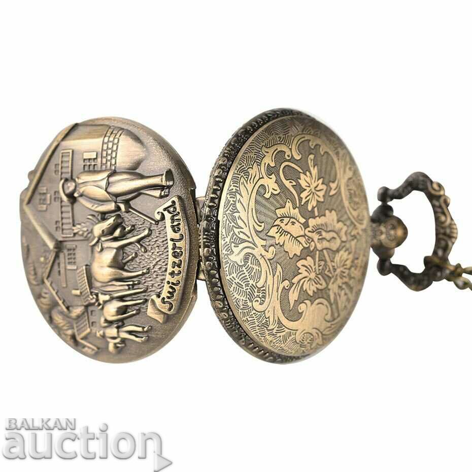 Auction  Beautiful Pocket watch with Swiss motif cows mountain houses