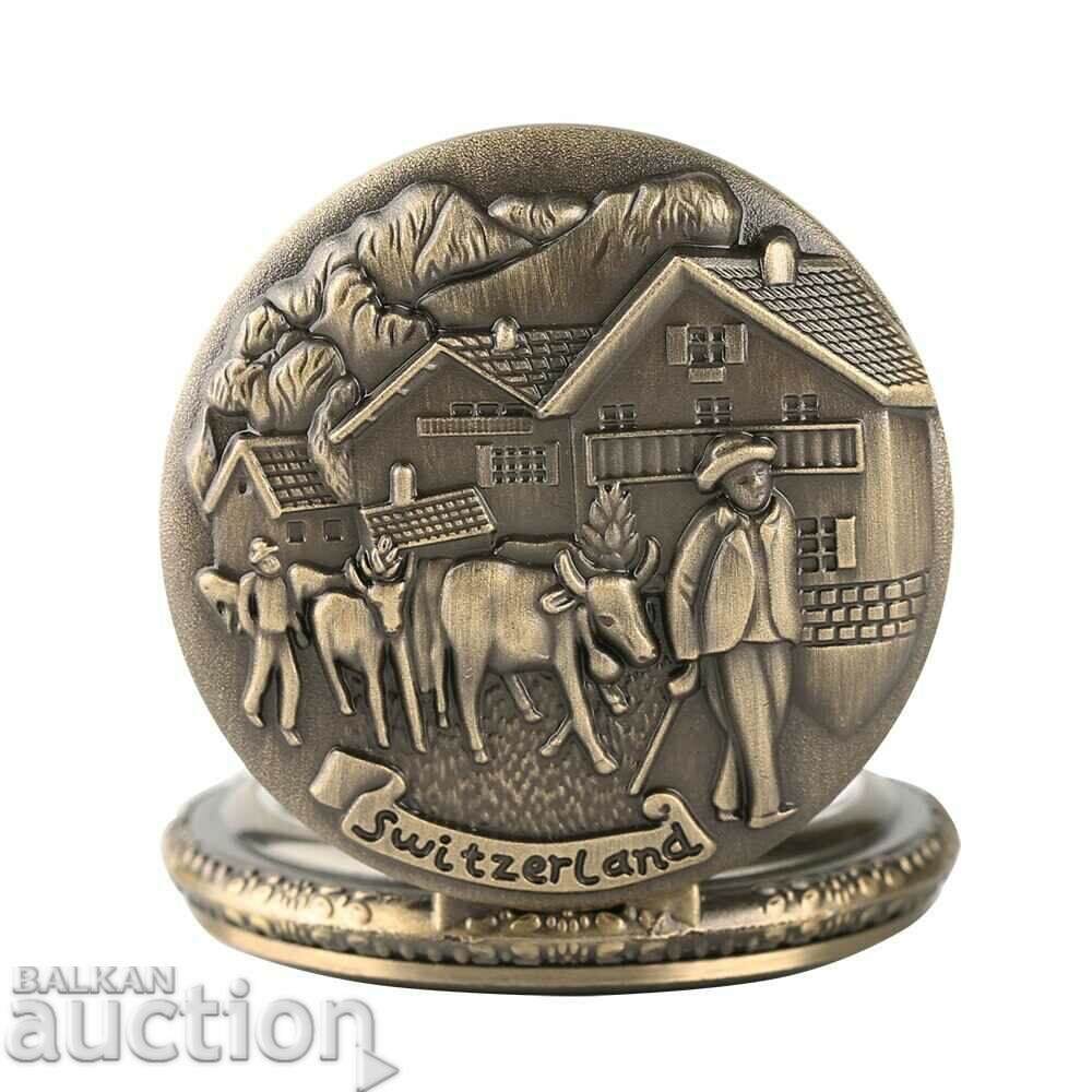 Beautiful Pocket watch with Swiss motif cows mountain houses - 5