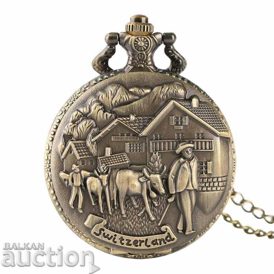 Beautiful Pocket watch with Swiss motif cows mountain houses