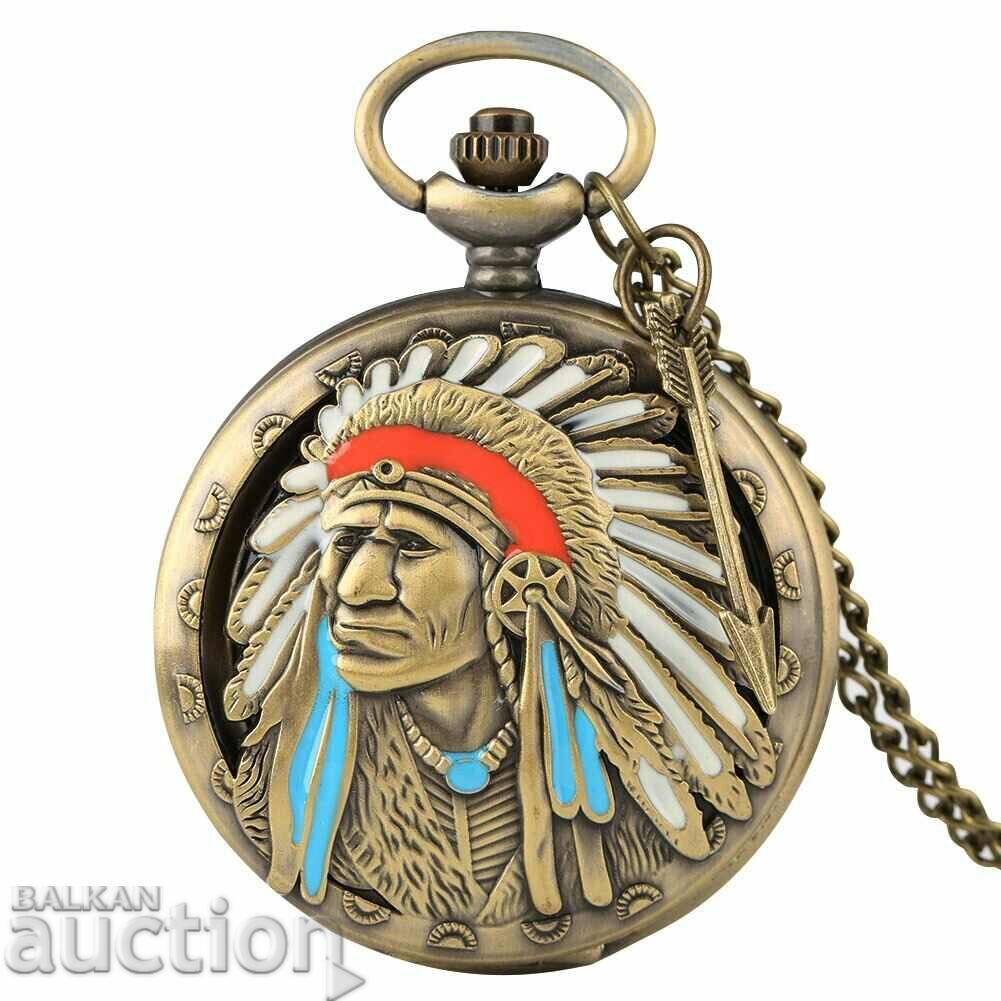 New pocket watch indian chief feathers tribe wild west