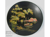 Old wooden vietn. plate 30 cm black lacquer hand painted