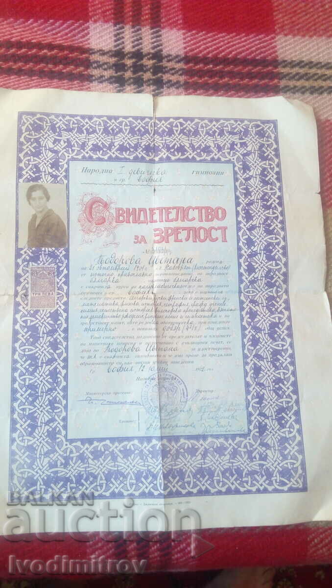 Matriculation certificate National I Girls High School 1922