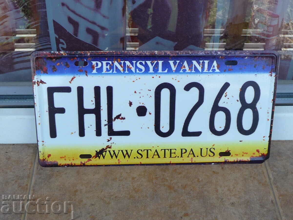 Metal license plate car US state Pennsylvania numbers