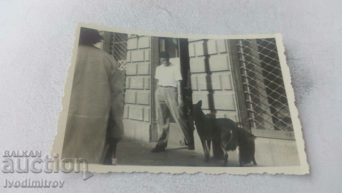 Φωτογραφία Νεαρός άνδρας και σκύλος στο πεζοδρόμιο