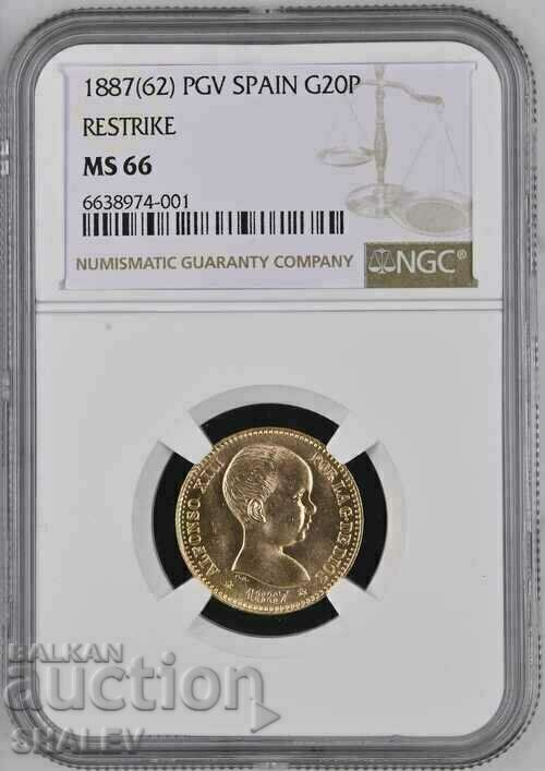 20 Pesetas 1887 Spania (19*62) Spania - NGC MS66 (Aur)