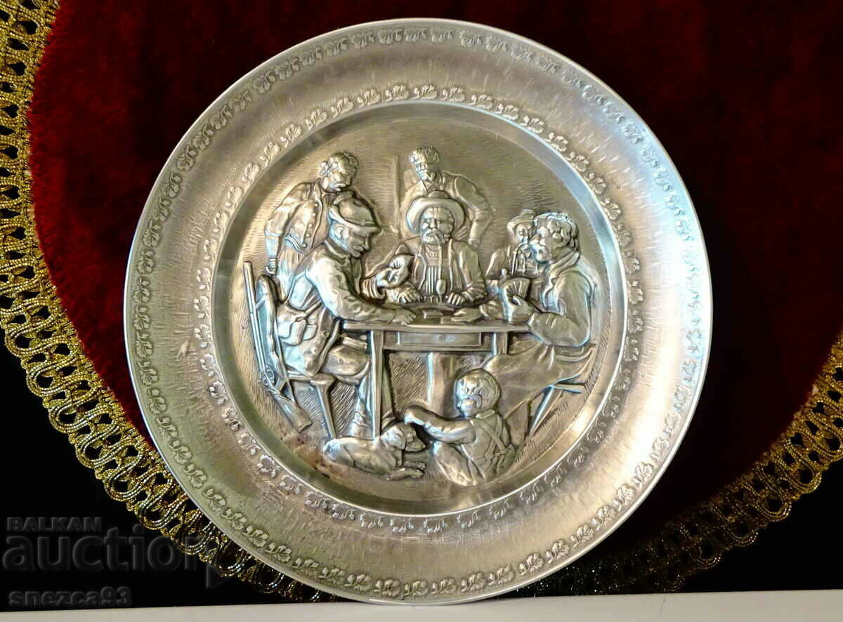 Wall plate, pewter panel with hunting, poker - 6 Wall plate, pewter panel with hunting, poker - 6