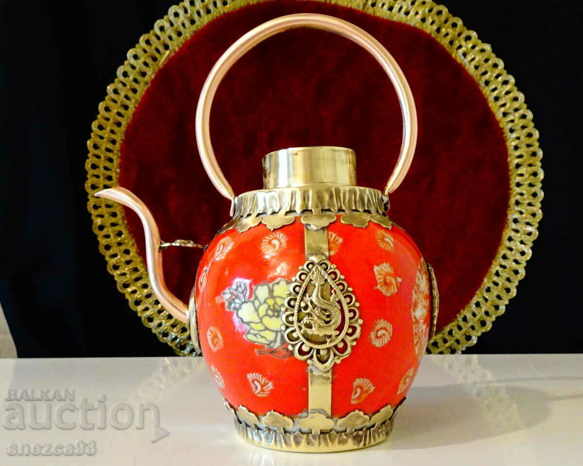 Teapot, kettle Tibet made of porcelain, copper and brass.