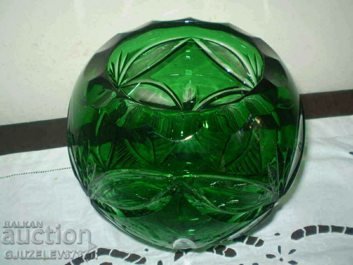 Зелена кръгла тежка кристална ваза рязан кристал - 5 Зелена кръгла тежка кристална ваза рязан кристал - 5