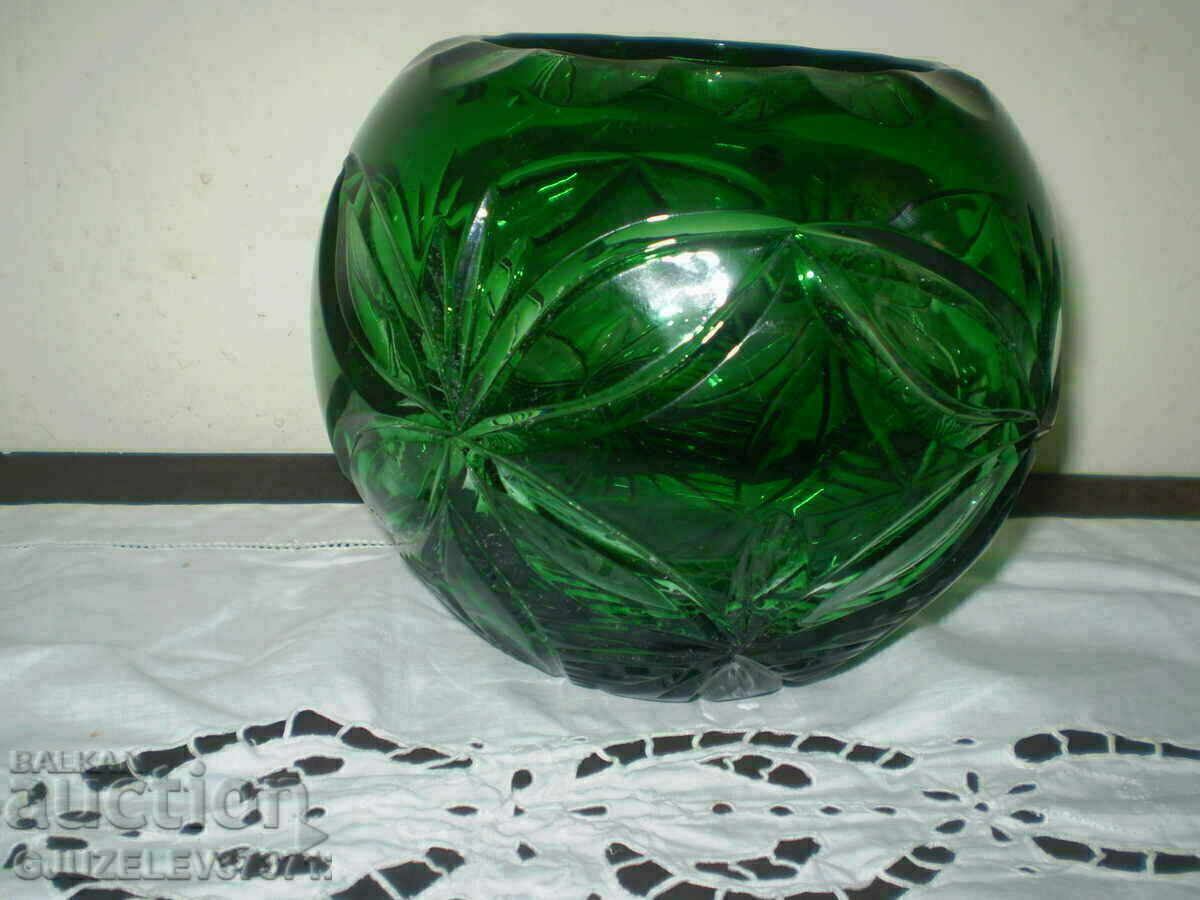 Зелена кръгла тежка кристална ваза рязан кристал - 6 Зелена кръгла тежка кристална ваза рязан кристал - 6