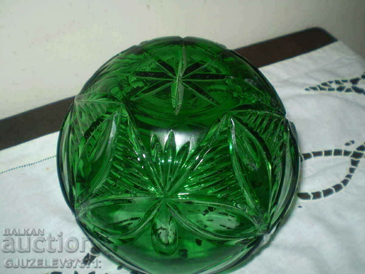 Зелена кръгла тежка кристална ваза рязан кристал - 7 Зелена кръгла тежка кристална ваза рязан кристал - 7