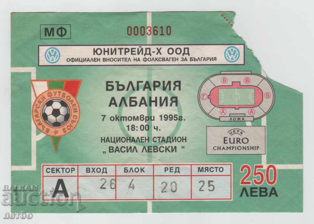 Εισιτήριο ποδοσφαίρου Βουλγαρία-Αλβανία 1995