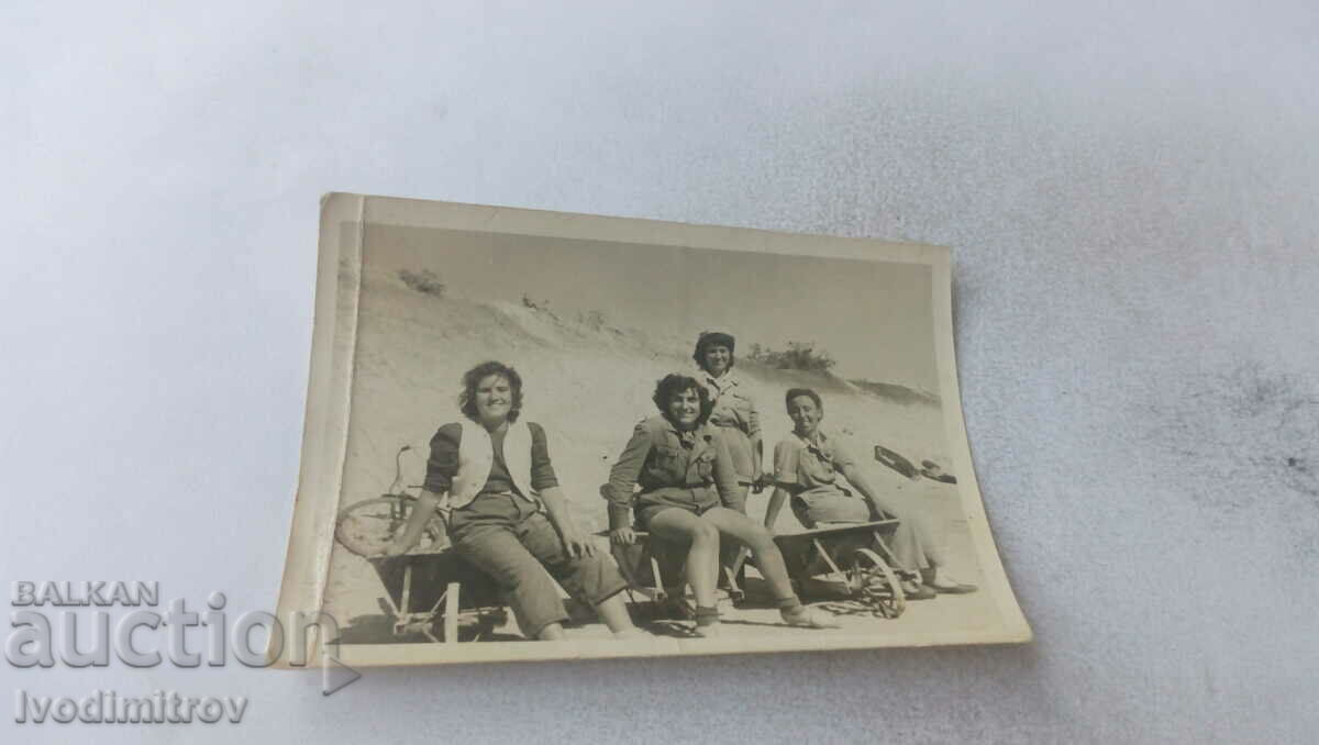 Fotografie Patru maiștri stând pe cărucioare de mână